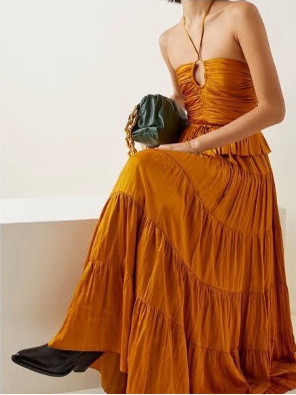 Ulla Johnson Goldenrod Silk Tiered Maxi Dress with Drawstring Peplum - Picture 3 of 7